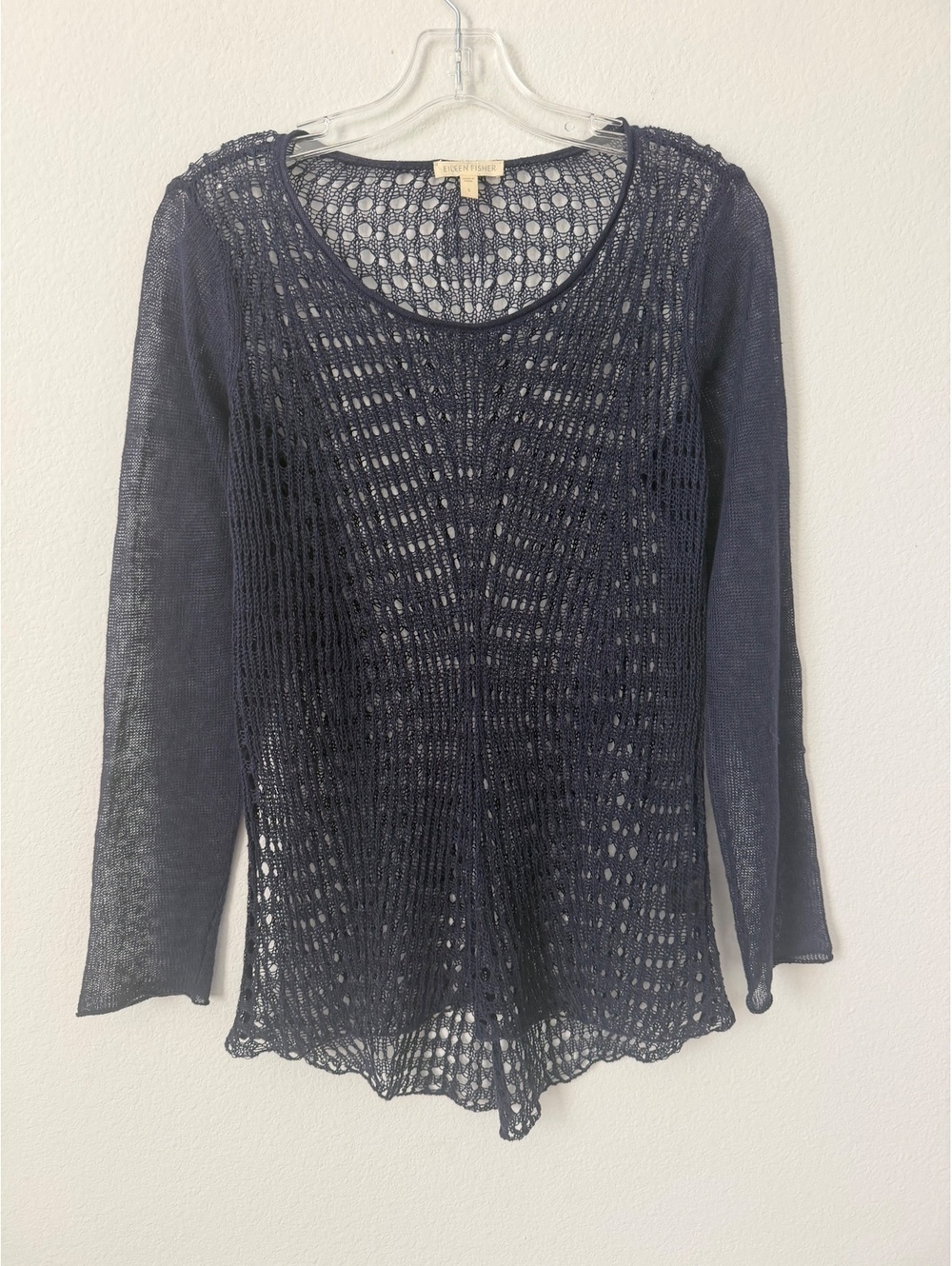 Eileen Fisher Navy Blue Scoop Neck 100% Linen Open Knit Sweater Women's Size S